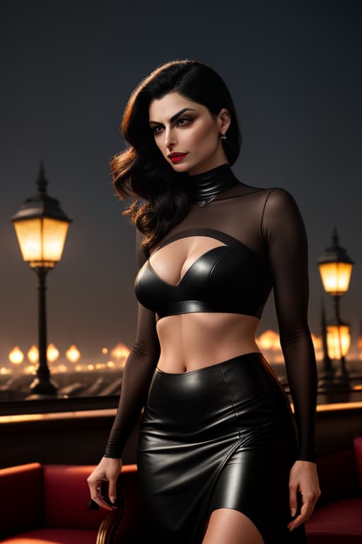  Morena Baccarin, hyper realistic photo, carmine red lips, dark makeup, turtleneck top, transparent top, fuchsia skirt, leather skirt, slit skirt, medium breasts, deep neckline, transparent neckline, armchair, roof terrace (Champs Elysées) , front view hyperrealistic, full body, detailed clothing, highly detailed, cinematic lighting, stunningly beautiful, intricate, sharp focus, f/1. 8, 85mm, (centered image composition), (professionally color graded), ((bright soft diffused light)), volumetric fog, trending on instagram, trending on tumblr, HDR 4K, 8K