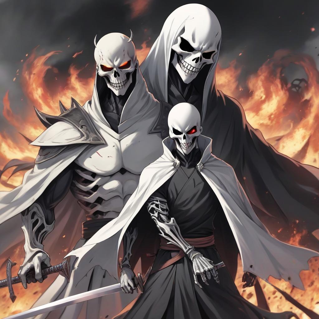  close up of a man with a sword, ainz oal dress, white man in a black cloth mask, evil energy, man in a white t shirt, demon samurai warrior, jormungand anime, monstrous mask, wearing a cloak on a scorched plain, ghost rider, black and white anime picture, in a white suit