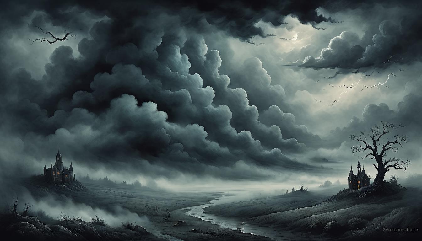  on parchment, surrealism+++, a stormy, dark sky, foreboding clouds, a dense fog rolling in, eerie mood, symbolizing troubled mind and conscience(mysterious, provocative, symbolic,muted color)+++