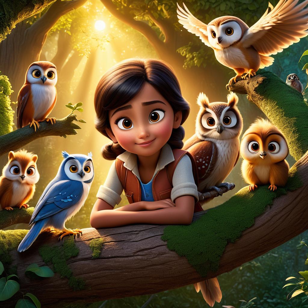  in 3d animated movie style. disney pixar style. fatima, 6, kind hearted , daisy doll, adventurous companion, milo mischievous squirrel, troublemaker, enchanting talking animal kingdom forest, wise old owl overseeing, vint clearing with critters, high resolution pixar 3d animated film style, lifelike textures, warm lights filtering through tree canopy, vint color palette, dynamic bird's eye view perspective, storytelling composition with characters and owl.