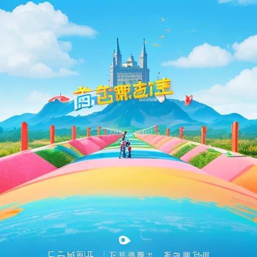  Generate a 16:9 main visual. The theme is "excellent" long vacation, and "tower" happy departure, the screen should have elements are Yili yogurt products, Tustin burger, hungry brother rider, and Ctrip travel content. The screen style requires hand-painted style,