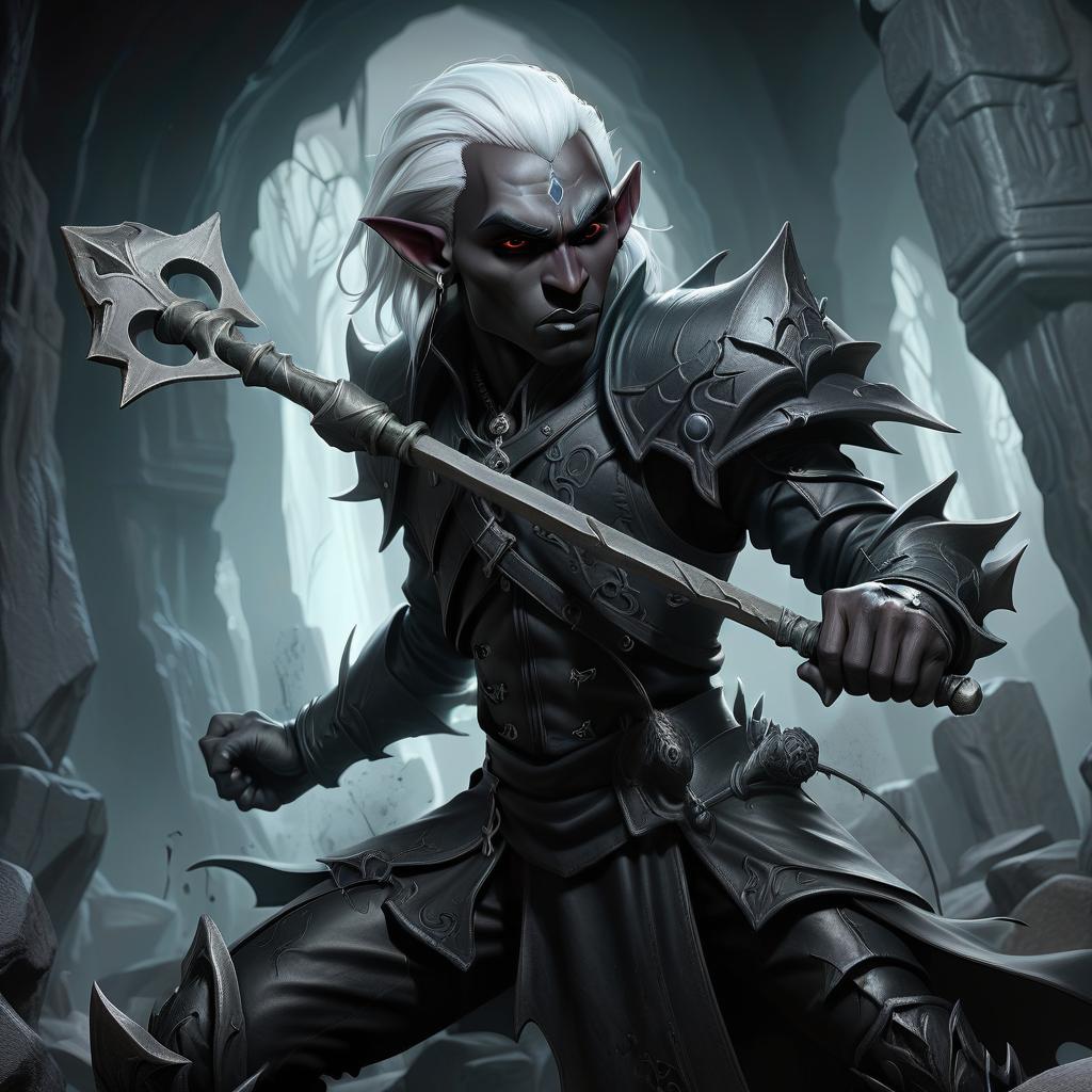  macabre style drow male elf cleric, simble plain black leather jacket, simple iron battle mace, dark cave temple . dark, gothic, grim, haunting, highly detailed, civitai, hkmagic