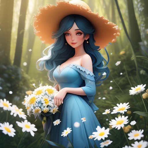  A dear fairytale girl, very beautiful, in a blue dress, dark hair, a straw hat on her head, holding a bouquet of daisies, standing on the edge of the forest, with the sea roaring in the background. hyperrealistic, full body, detailed clothing, highly detailed, cinematic lighting, stunningly beautiful, intricate, sharp focus, f/1. 8, 85mm, (centered image composition), (professionally color graded), ((bright soft diffused light)), volumetric fog, trending on instagram, trending on tumblr, HDR 4K, 8K