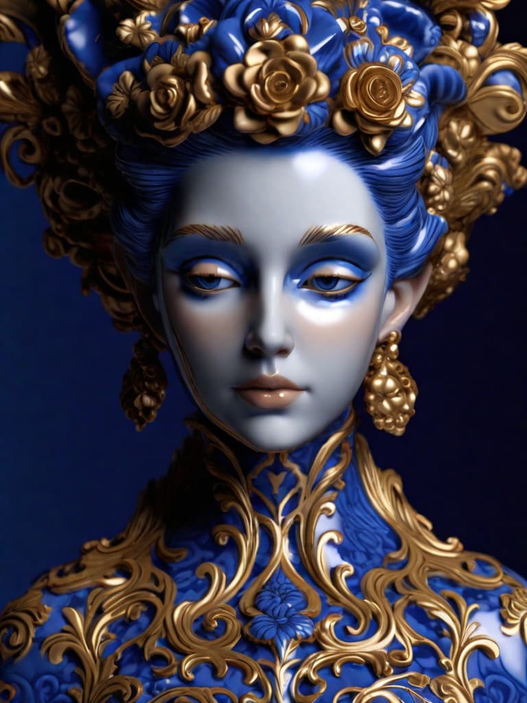  Close-up porcelain female figurine, looking to the camera, glossy surface, glaze, shiny, blue floral tattoos on her, dark gradient background, baroque dark style, hyperrealistic, CG society, intricate details