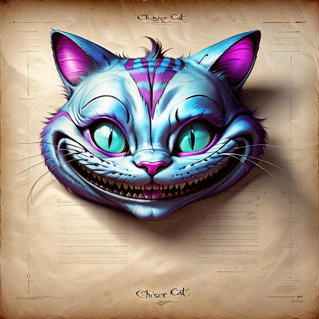  futuristic style cheshire cat smiles . sleek, modern, ultramodern, high tech, detailed, on parchment