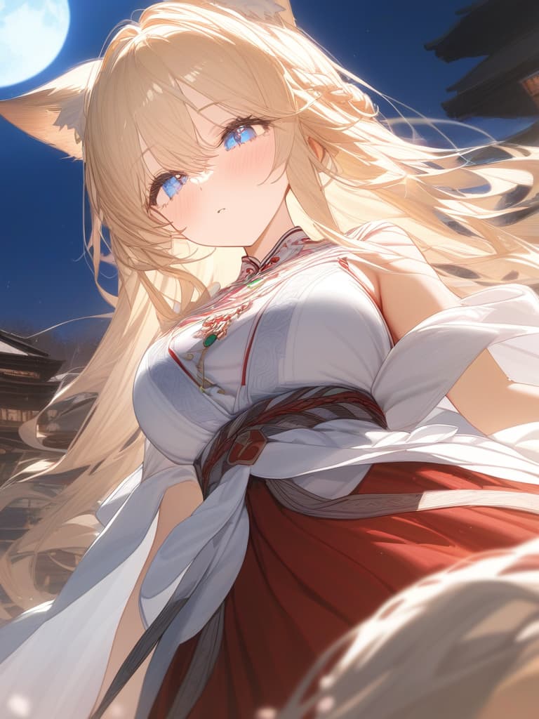  blond, blue eyes, night, big moon, shrine maiden, wolf ears, up, masterpiece, best quality,8k,ultra detailed,high resolution,an extremely delicate and beautiful,hyper detail