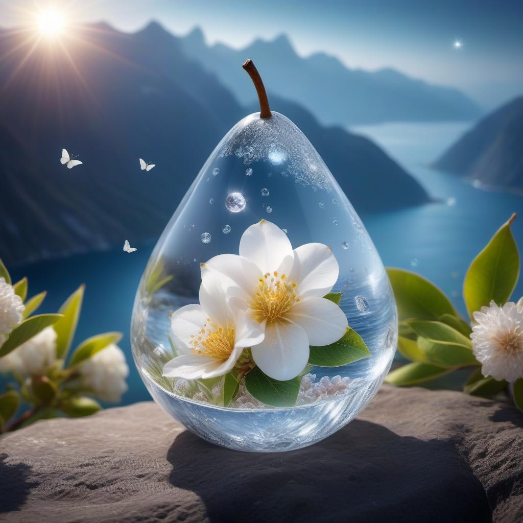  Crystal transparent pear , clear contours of a pear , glowing beautiful flowers inside a pear , pollination on flowers , bright night , sea , yacht , mountains , butterflies , moon , light shining fog , distant future 20000 , very high detail , 30000K quality