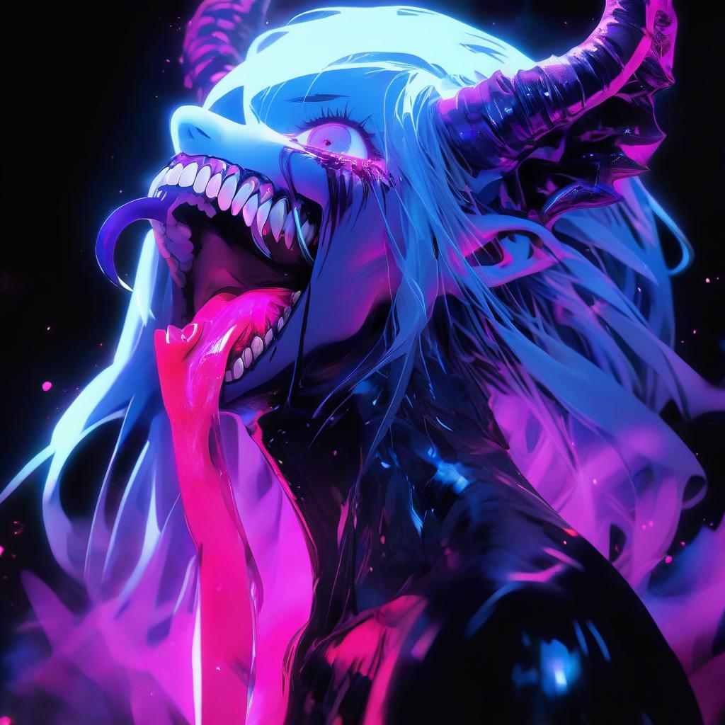  a close up of a person holding a knife, detailed hot maw, demon black blue purple, luminous, full color manga visual style, soft lulling tongue, pink , horns. dark colors, arca album cover, resin, trap, ( 3 1, 1 1 1 1, very , perfect face template, [ metal ], bite, artist unknown, esa, glowneon