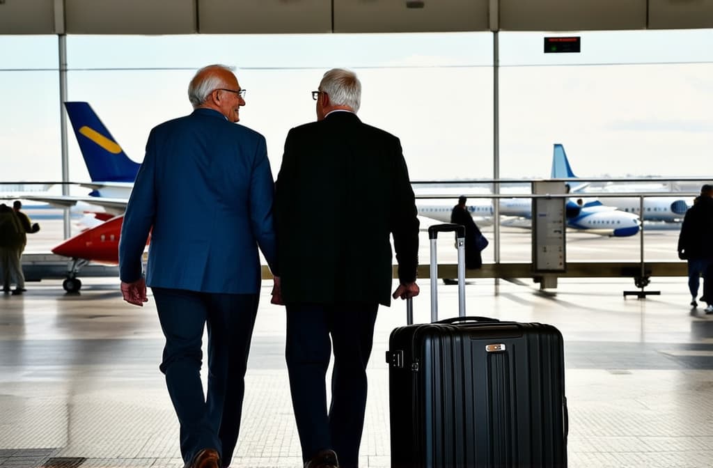  a retired couple travels through an airport. terminal with an airplane in the background. elderly grandparents go on holiday with luggage. carrying a suitcase and hand luggage ar 3:2, (natural skin texture), highly detailed face, depth of field, hyperrealism, soft light, muted colors