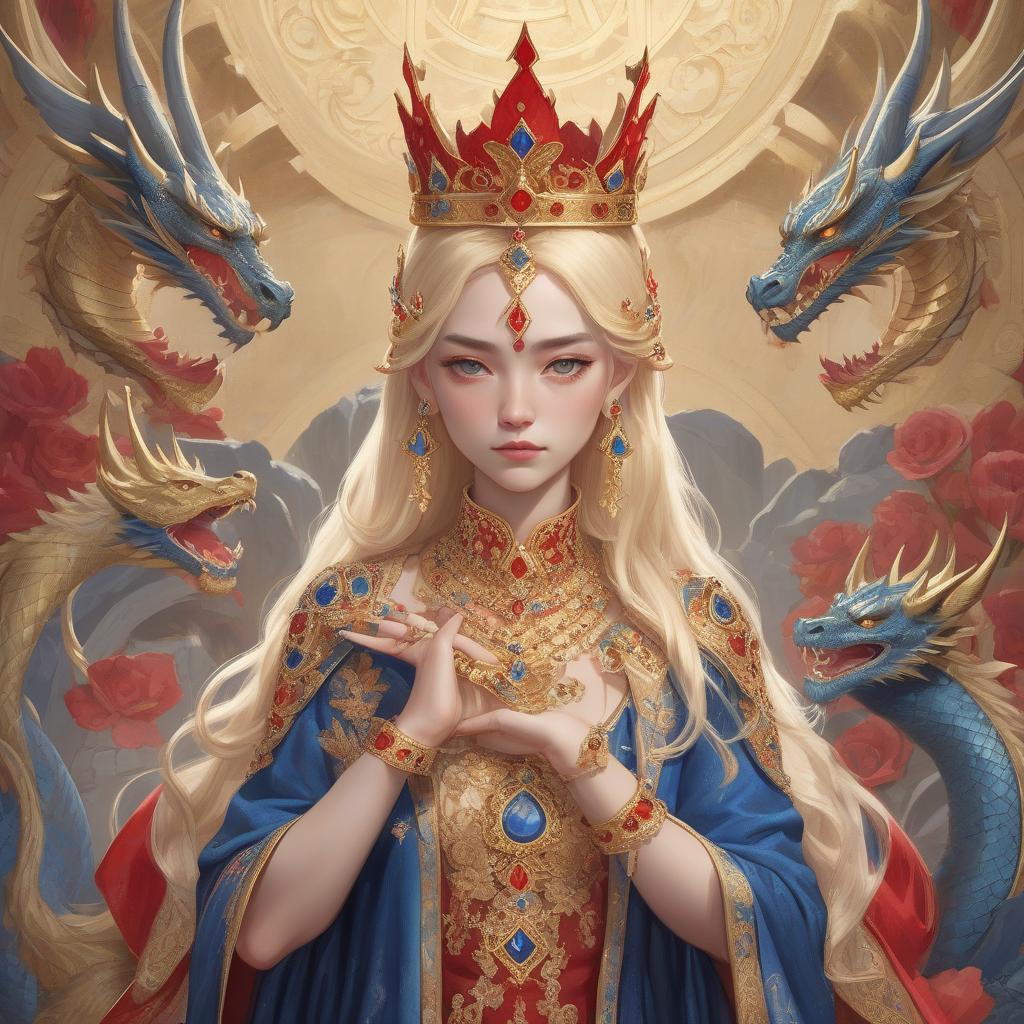  a detailed illustration of a woman with gold hair, a golden crown adorned with red and blue gems, and richly embroidered clothing. enhance this picture, and show a dragon sign on it