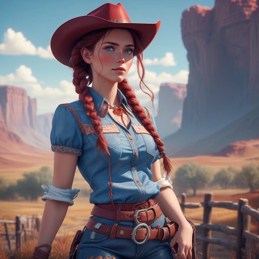  retro game art hd 4k 3d professional modeling photo hyper realistic beautiful enchanting cowgirl woman dark red hair braids fair skin freckles blue eyes gorgeous face cowgirl outfit magical western country landscape hd background ethereal mystical mysterious beauty full body . 16 bit, vibrant colors, pixelated, nostalgic, charming, fun