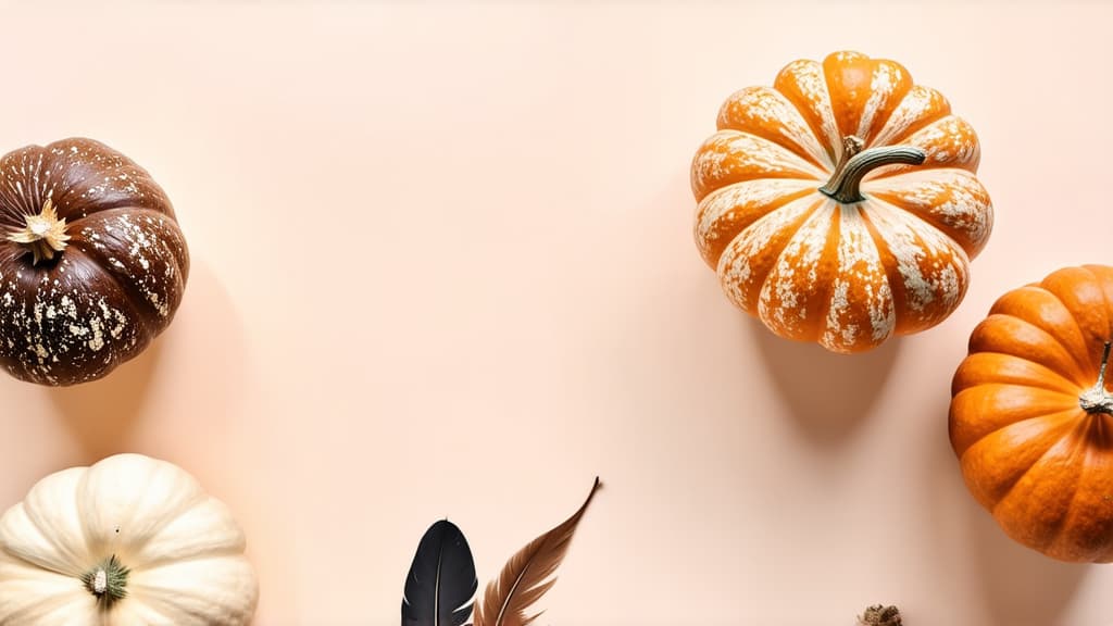  professional detailed photography, a collection of minimalistic beige and brown pumpkins arranged on a pastel background, complemented by feather decorations, creating a serene fall aesthetic with ample copy space ar 16:9, (muted colors, dim colors, soothing tones), (vsco:0.3)