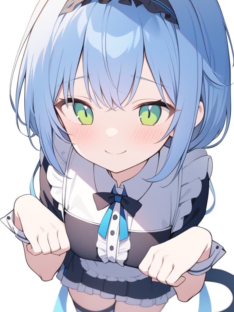  (paw pose:1.4),maid outfit,(cat years),best quality,blue hair,green eyes,masterpiece,(shy smile:1.4),looking up,