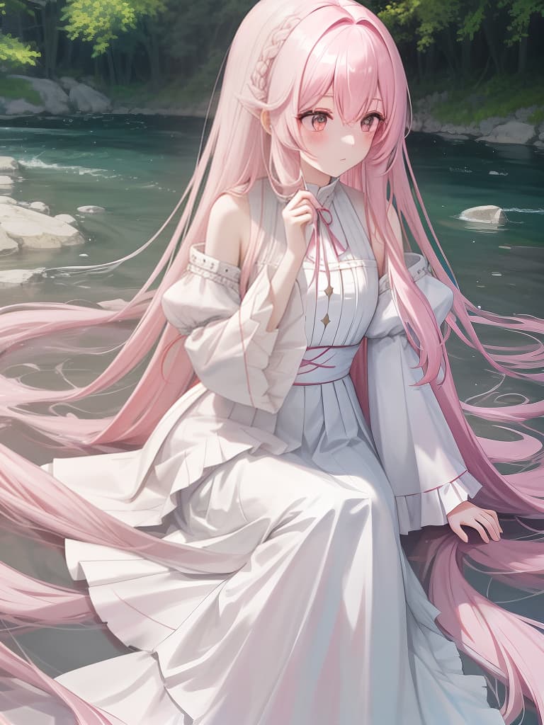  along the river, pale pink hair, super long long hair, white, wearing a bleed, big s, beautiful , masterpiece, best quality,8k,ultra detailed,high resolution,an extremely delicate and beautiful,hyper detail