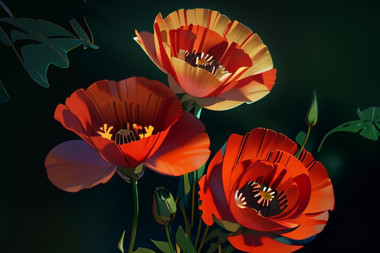  poppies on the dark green background hyperrealistic, full body, detailed clothing, highly detailed, cinematic lighting, stunningly beautiful, intricate, sharp focus, f/1. 8, 85mm, (centered image composition), (professionally color graded), ((bright soft diffused light)), volumetric fog, trending on instagram, trending on tumblr, HDR 4K, 8K