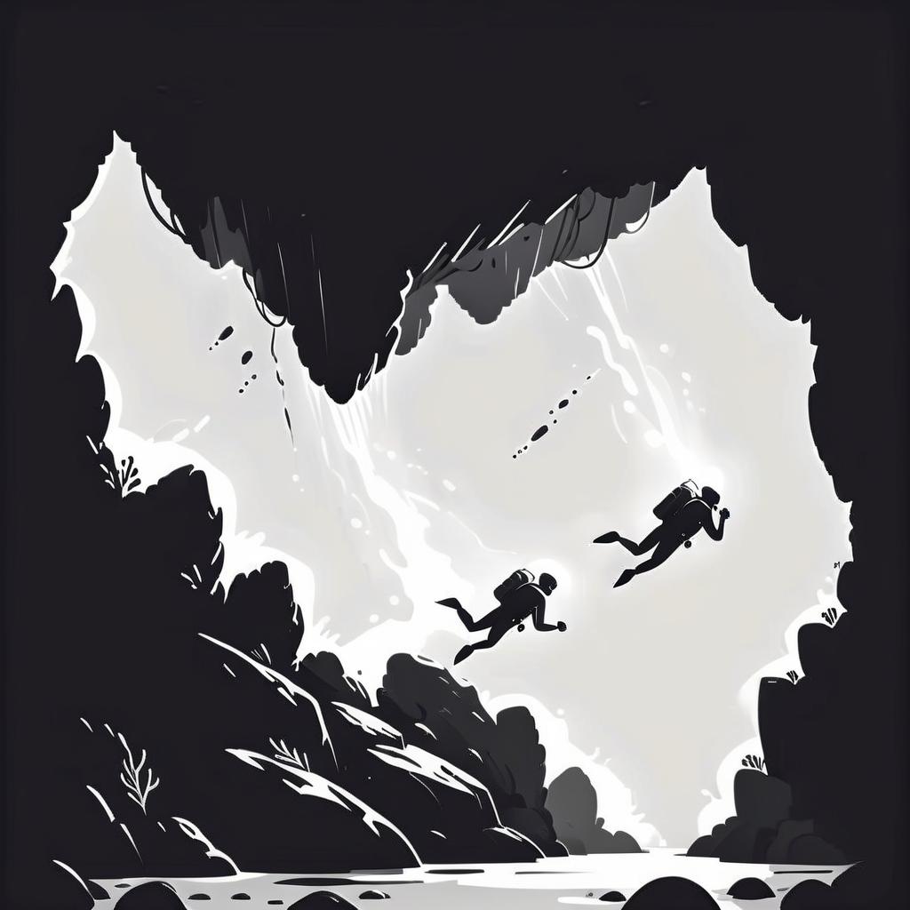  side view, two divers underwater plunged through rocks with flashlights, silhouettes, vector, minimalism, black and white image, logo