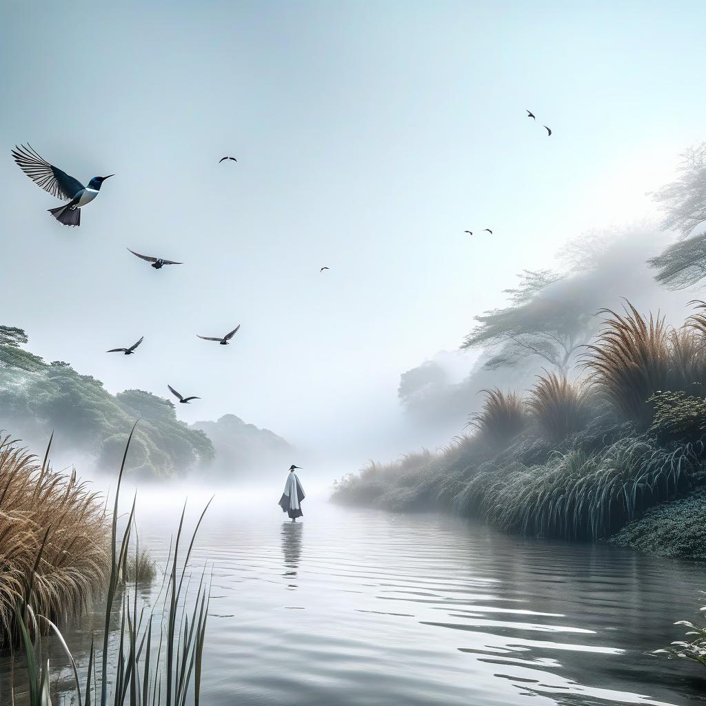  hdr. 4k, japanese graphics, watercolor, ink, vague image, nature, water, bird, grass, fog, white, black and white image, poetry, wind, silence, sadness hyperrealistic, full body, detailed clothing, highly detailed, cinematic lighting, stunningly beautiful, intricate, sharp focus, f/1. 8, 85mm, (centered image composition), (professionally color graded), ((bright soft diffused light)), volumetric fog, trending on instagram, trending on tumblr, HDR 4K, 8K