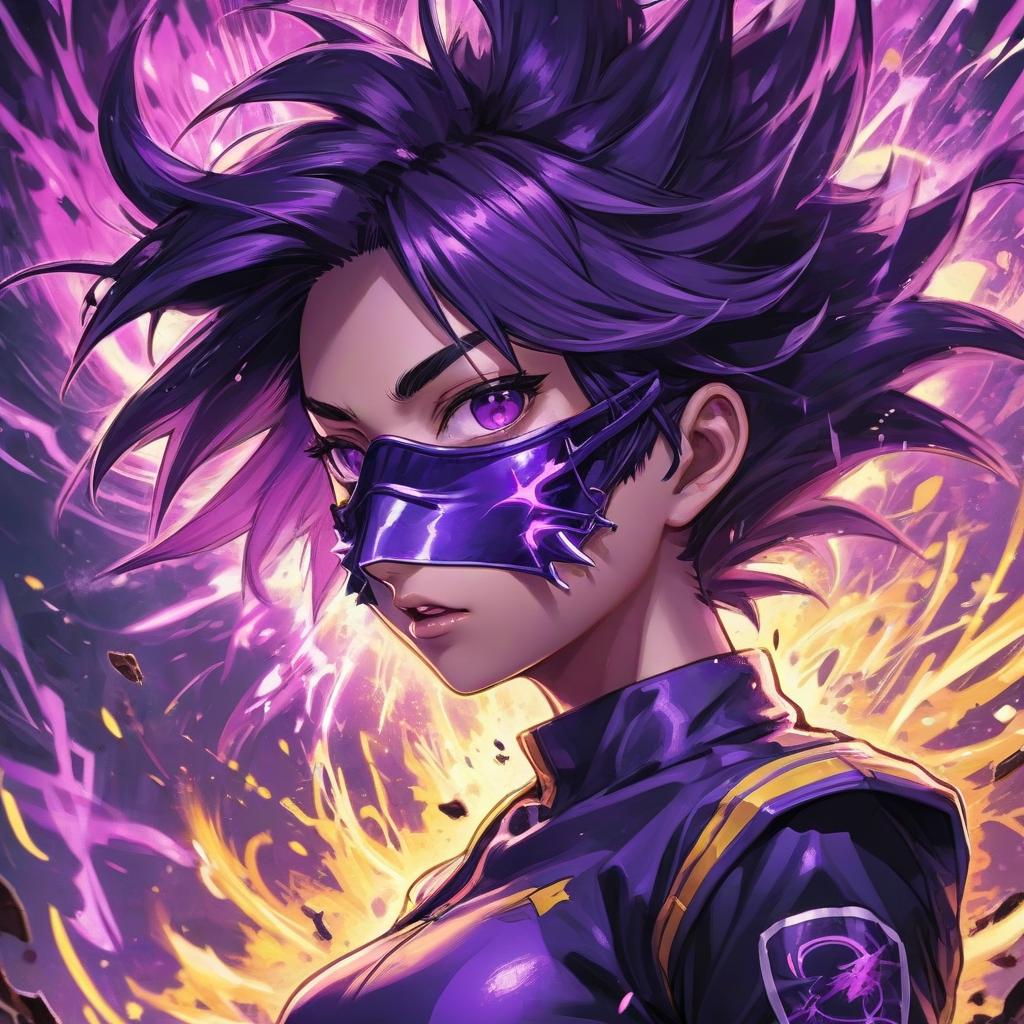  a close up of a person wearing a mask, fractal thunder dan mumford, dramatic purple thunders, chiaroscuro anime key visual, spectacular splatter explosion, anime digital art, anger + wrath, incredible movie poster, alluring mesmer woman, splashes of neon, akira, wild spiky black saiyan hair