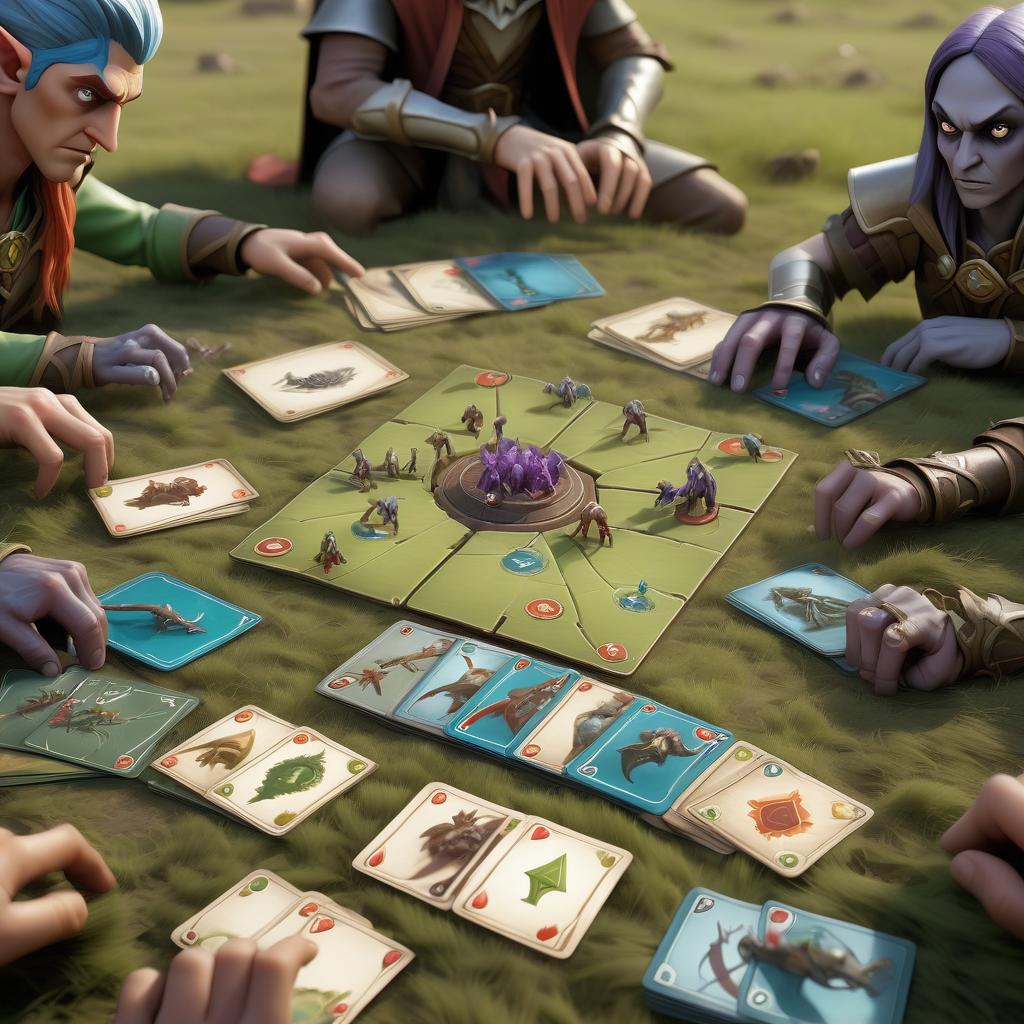  the onelife game field, on which there are figures of different factions: people, elves, undead and monsters. each piece prepares for its turn, the players hold the cards in their hands. in the middle of the field is the key point for which the fight is underway. the atmosphere is intense and strategic, with elements of fantasy.