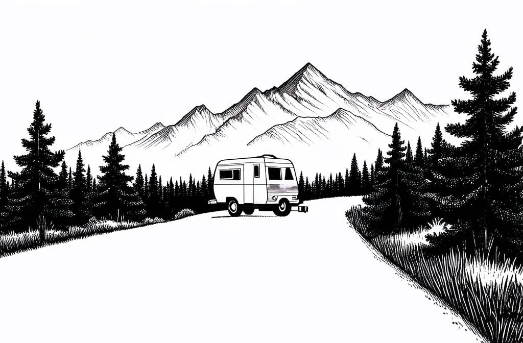  contour, very simple image in one unbroken black ink line, single line of camping van at forest, mountains in background, engraving black and white illustration on white background ar 3:2 using a single continuous black line ink brushon white background, drawing should be created without lifting the pen, recognizable features of camping van at forest, mountains in background, engraving black and white illustration on white background ar 3:2 in one unbroken line