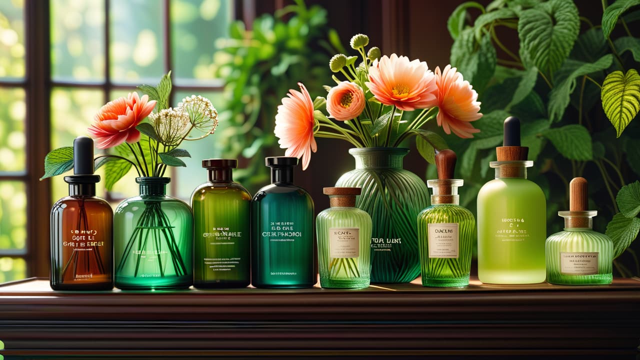  a luxurious skincare display featuring elegantly designed glass bottles and jars, surrounded by soft, diffused lighting, lush green leaves, and delicate flowers, evoking a sense of opulence and tranquility. hyperrealistic, full body, detailed clothing, highly detailed, cinematic lighting, stunningly beautiful, intricate, sharp focus, f/1. 8, 85mm, (centered image composition), (professionally color graded), ((bright soft diffused light)), volumetric fog, trending on instagram, trending on tumblr, HDR 4K, 8K