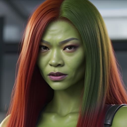  (Jennie Kim:1) a close up of a woman with red hair and green makeup, gamora, zendaya as she-hulk, zoe saldana, green skinned, in avengers movie, still from marvel movie, beautiful android woman, from guardians of the galaxy, marvel movie still, beautiful crying! android woman, she - hulk, skin painted with green, from a marvel movie, green skin