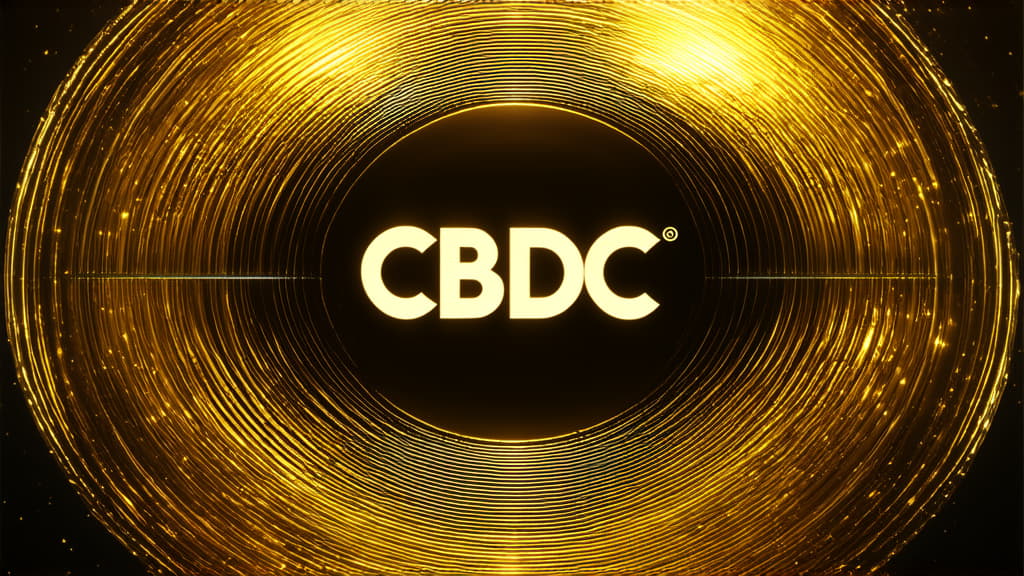  professional detailed photography, "cbdc" on metallic gold circle, on abstract digital glowing gold background ar 16:9, (muted colors, dim colors, soothing tones), (vsco:0.3)