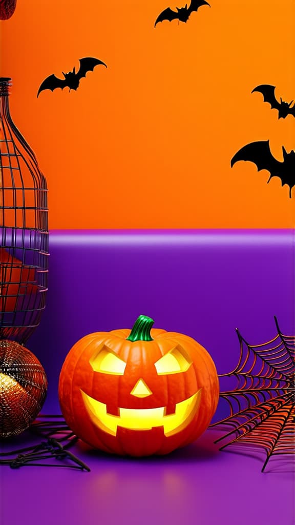  product display halloween decor party holiday studio set up in orange and violet color background with bat ,pumpkin,spider web ar 9:16 {prompt}, maximum details