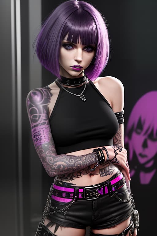  girl with purple hair, cascading bob haircut. black and pink top, tattoos on arms. bracelets, black shorts, black boots, metal rocker chick. agent