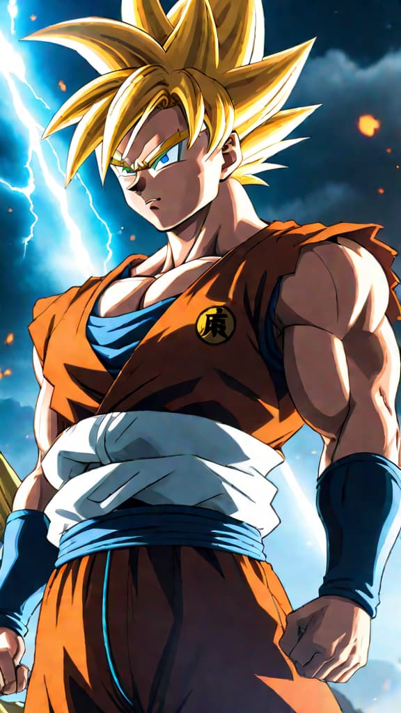  anime art: depiction of super saiyan as a beacon of hope and resistance in dragon ball lore. hyperrealistic, full body, detailed clothing, highly detailed, cinematic lighting, stunningly beautiful, intricate, sharp focus, f/1. 8, 85mm, (centered image composition), (professionally color graded), ((bright soft diffused light)), volumetric fog, trending on instagram, trending on tumblr, HDR 4K, 8K