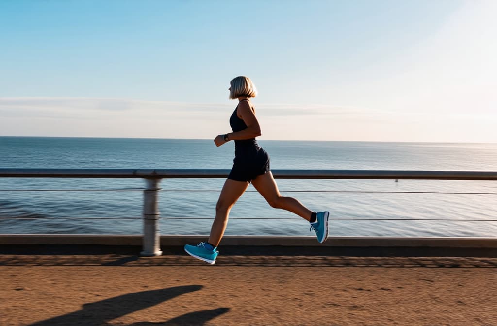  a fair skinned woman with light bob hair runs along the sea on the embankment in the morning at dawn on a deserted beach in blue sneakers ar 3:2 {prompt}, maximum details