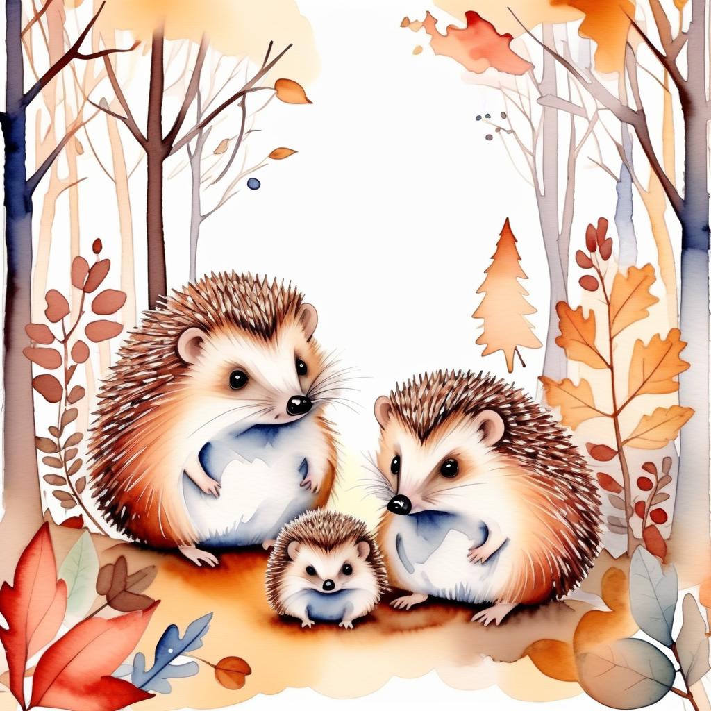  (painted) (watercolor) cute autumn forest background, autumn forest, soft shades, thin (ink outlines), objects on the edges of the sheet, in middle hedgehog family, many details, masterpiece, harmonious composition,