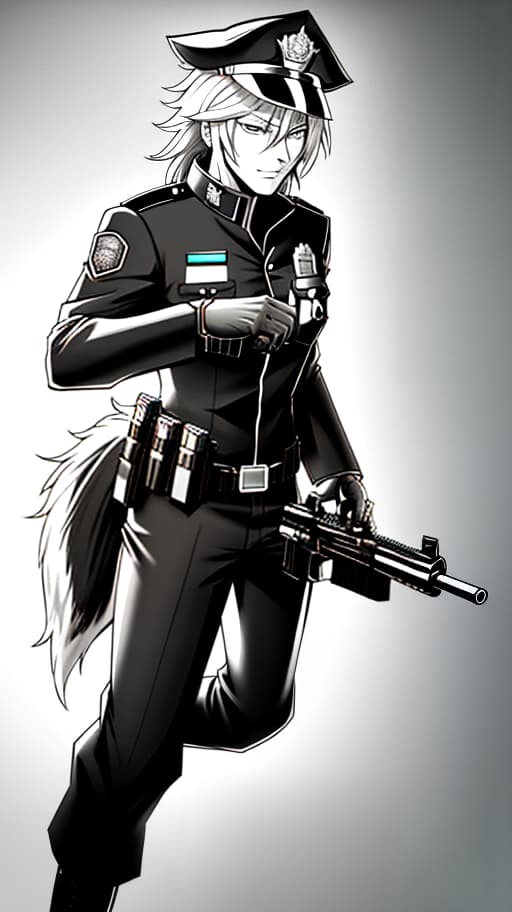 A wolf in a police uniform, holding a gun., Sketch, Manga Sketch, Pencil drawing, Black and White, Manga, Manga style, Low detail, Line art, vector art, Monochromatic, by katsuhiro otomo and masamune shirow and studio ghilibi and yukito kishiro hyperrealistic, full body, detailed clothing, highly detailed, cinematic lighting, stunningly beautiful, intricate, sharp focus, f/1. 8, 85mm, (centered image composition), (professionally color graded), ((bright soft diffused light)), volumetric fog, trending on instagram, trending on tumblr, HDR 4K, 8K