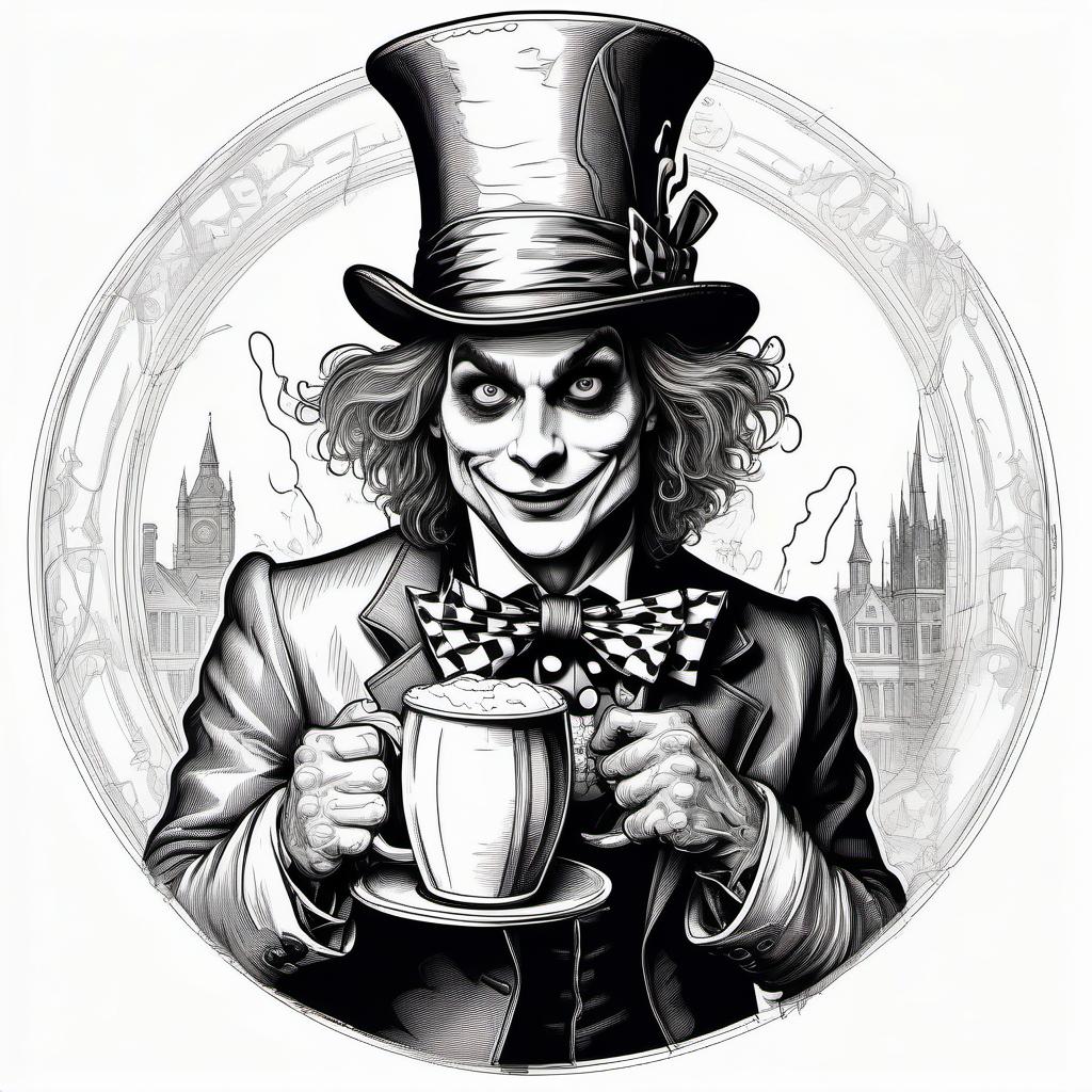  line art drawing black and white sketch in a round frame on a white background, horror hatter with a large mug of beer in his right hand, engraving, horror . professional, sleek, modern, minimalist, graphic, line art, vector graphics