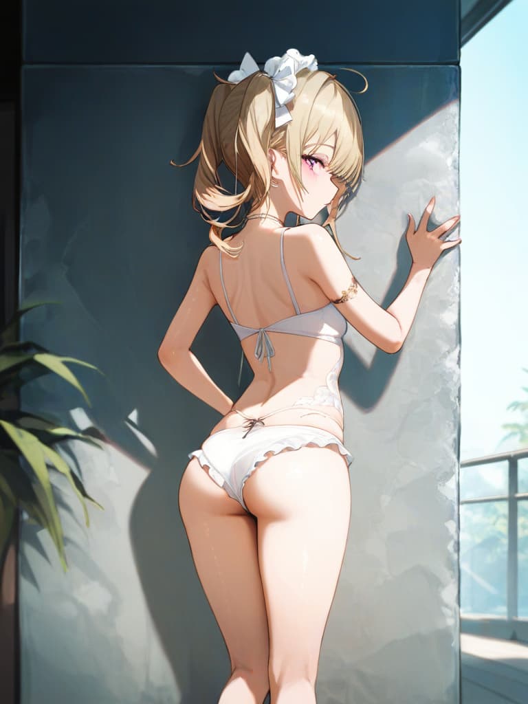  white swimwear, white headphones, blonde twin tails, pools, poses on the wall, pose to show your back, , foot, frill pareo, snake tattoo on , tattoos on , tattoos, tattoos on the ., masterpiece, best quality,8k,ultra detailed,high resolution,an extremely delicate and beautiful,hyper detail