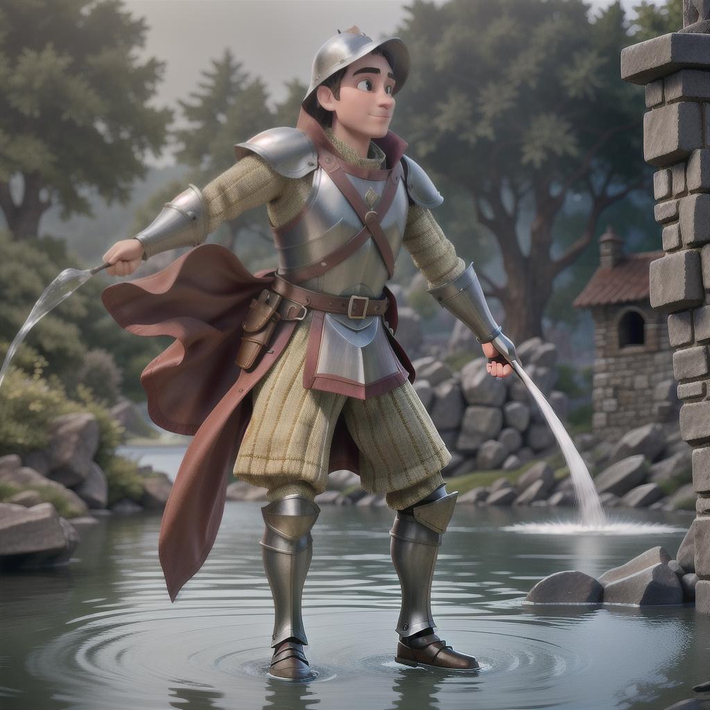  A knight throwing water from the lake, full color, Details, medieval atmosphere hyperrealistic, full body, detailed clothing, highly detailed, cinematic lighting, stunningly beautiful, intricate, sharp focus, f/1. 8, 85mm, (centered image composition), (professionally color graded), ((bright soft diffused light)), volumetric fog, trending on instagram, trending on tumblr, HDR 4K, 8K