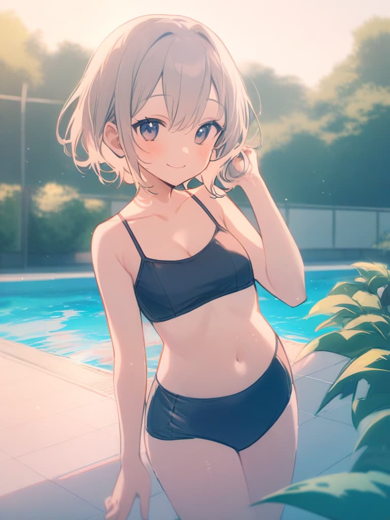  s, s, transveses, short stages, old swimwear (dark blue old ), clear (), (in swimwear), cute smile face, short hair, pool, pool,