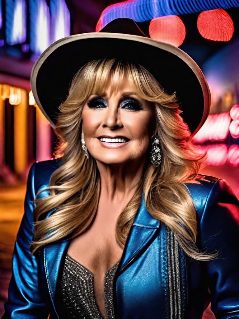  Country singer Barbara Mandrell, medium shot, upper body, spotlight, long exposure lighting, street art style spray paint, glamour lighting