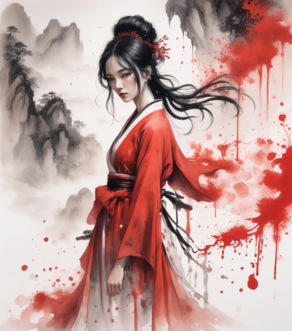  a painting of a woman in red with black hair, in the style of delicate ink washes, epic fantasy scenes, chinese painting, splattered/dripped, white background, traditional costumes, soft focus lens