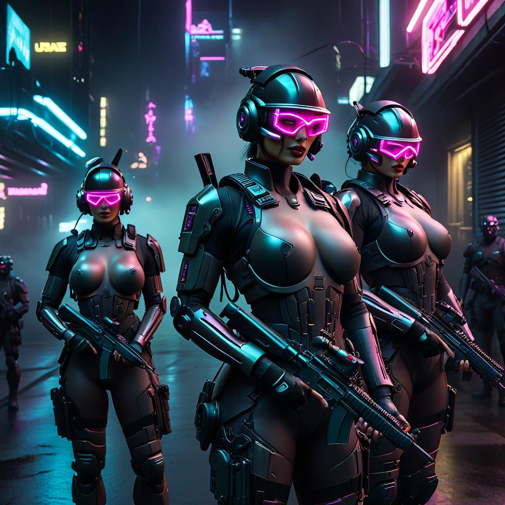  neonpunk style soldiers in front of a dark background . cyberpunk, vaporwave, neon, vibes, vibrant, stunningly beautiful, crisp, detailed, sleek, ultramodern, magenta highlights, dark purple shadows, high contrast, cinematic, ultra detailed, intricate, professional, film photography style hyperrealistic, full body, detailed clothing, highly detailed, cinematic lighting, stunningly beautiful, intricate, sharp focus, f/1. 8, 85mm, (centered image composition), (professionally color graded), ((bright soft diffused light)), volumetric fog, trending on instagram, trending on tumblr, HDR 4K, 8K