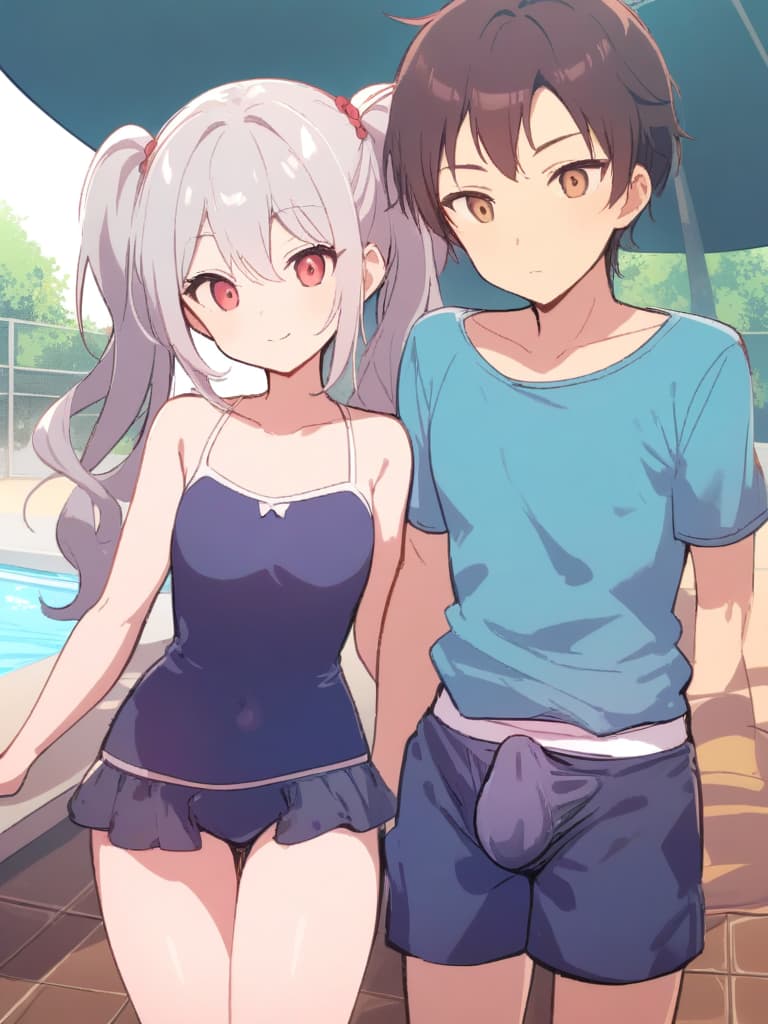  women's elementary students (male), twin tails, cute smiles, (rich s), low stature, dark blue swimwear, old swimwear, , simple (upward), male , (bulge), shaped clear , front , whole body, pool side,