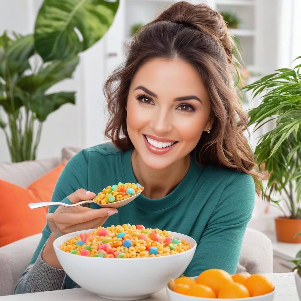  beautiful mother feeding her with cereal in her hair. bowl of food in the foreground in a living room on a couch surrounded by plants