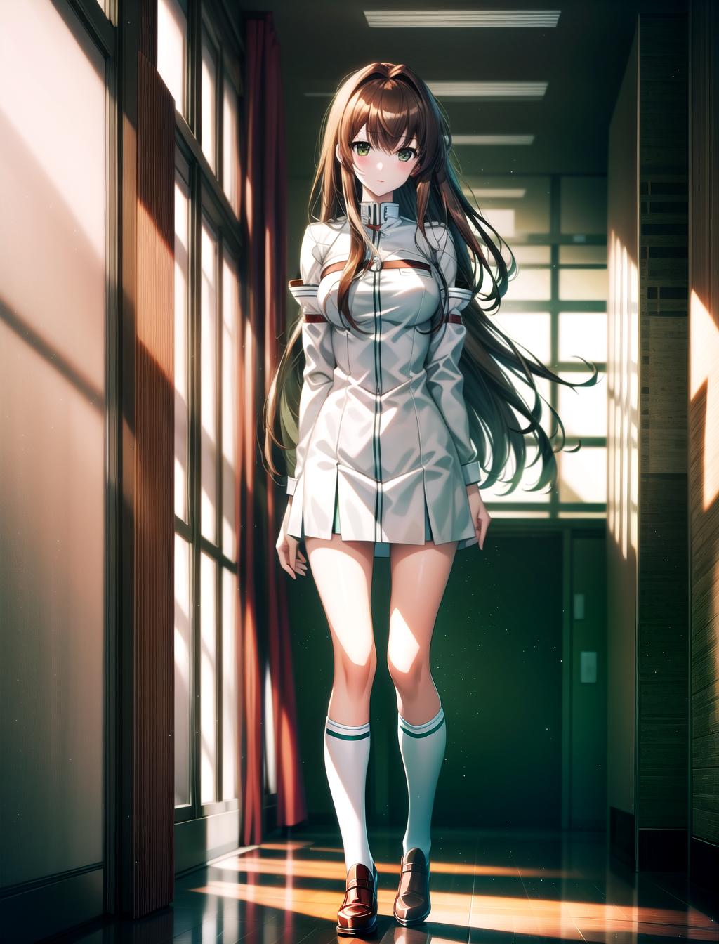  masterpiece, best quality, solo, 1 , kurisu, steins gate, long straight auburn hair, bangs, deep green eyes, full body, , , scene