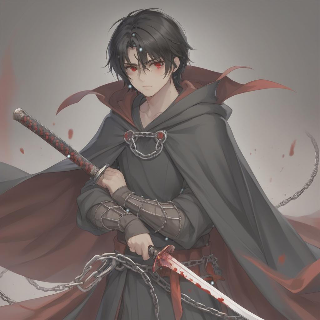  a black haired guy about 17. in a cloak on an iron chain clasp. a slight paleness. brown eyes. he has a katana weapon with a blood red blade