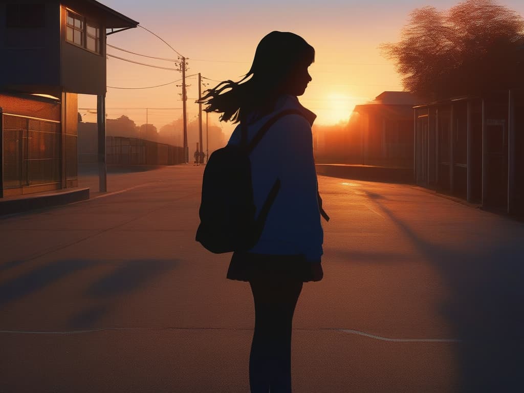  sunset, shadow, high school girl, one, back, walk