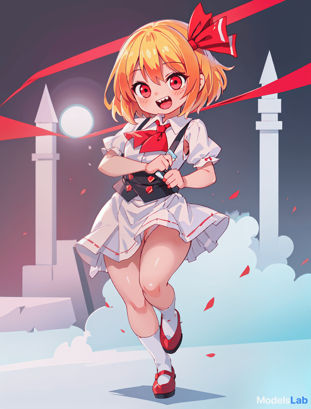  rumia, touhou project, , cute, happy, girl, elementary student, straight hair, blonde hair, short hair, red hair tie, sharp teeth, razor sharp teeth, flat , no s, board like, no , bare , bottomless, , , , lewd, anime, , , cameltoe, s, pink s, aroused rumia is a cute girl, around 128cm, with a cute face and sharp teeth. she has short blonde hair approximately to her shoulders, tied at one side with a red ribbon that's used to seal her true power. she has crimson red eyes, and a like body with a flat , plump , and a puffy mound that looks like a 's. hyperrealistic, full body, detailed clothing, highly detailed, cinematic lighting, stunningly beautiful, intricate, sharp focus, f/1. 8, 85mm, (centered image composition), (professionally color graded), ((bright soft diffused light)), volumetric fog, trending on instagram, trending on tumblr, HDR 4K, 8K