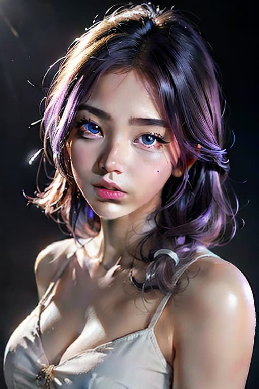  1girl, star eye, blush, (realistic:1.5), (masterpiece, Extremely detailed CG unity 8k wallpaper, best quality, highres:1.2), (ultra detailed, UHD:1.2), (pixiv:1.3), perfect illumination, distinct, (bishoujo:1.2), looking at viewer, unreal engine, sidelighting, perfect face, detailed face, beautiful eyes, pretty face, (bright skin:1.3), idol, (abs), ulzzang 6500 v1.1, <lora:Hashimoto Kanna v10:0.4>, soft smile, upper body, (purple hair), (simple background), (depth of field), close up, selfie hyperrealistic, full body, detailed clothing, highly detailed, cinematic lighting, stunningly beautiful, intricate, sharp focus, f/1. 8, 85mm, (centered image composition), (professionally color graded), ((bright soft diffused light)), volumetric fog, trending on instagram, trending on tumblr, HDR 4K, 8K