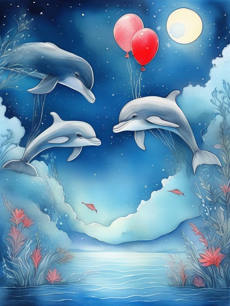  a masterpiece,cute dolphins,moonlit sea,full moon,one red balloon in the sky,sea dolphins looking up at the sky,fairy tale style,gentle colors,crayon drawing,