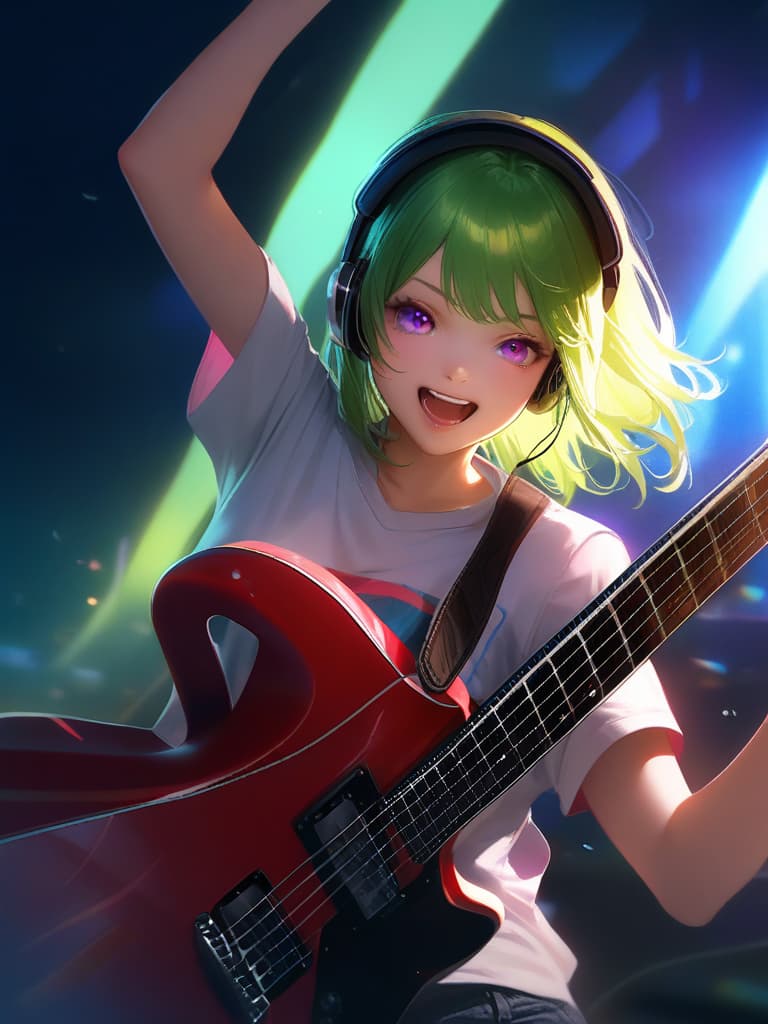  1girl,18yo,(((high school girl))),(((playing with an electric guitar:1.35))),green hair,short hair,purple eyes,headphone,very loud laugh,(((happy pose))),(((metallic focus))),music note effect,realistic