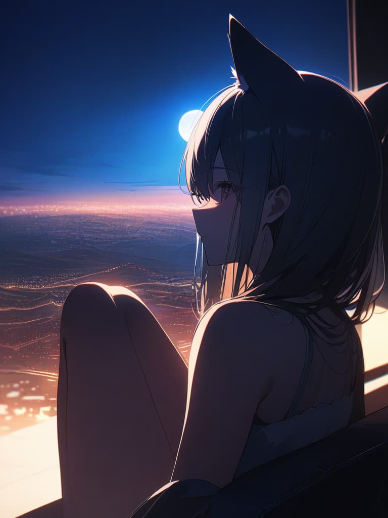  woman, moon viewing, 🎑, back, wolf ear, silhouette, night, masterpiece, best quality,8k,ultra detailed,high resolution,an extremely delicate and beautiful,hyper detail